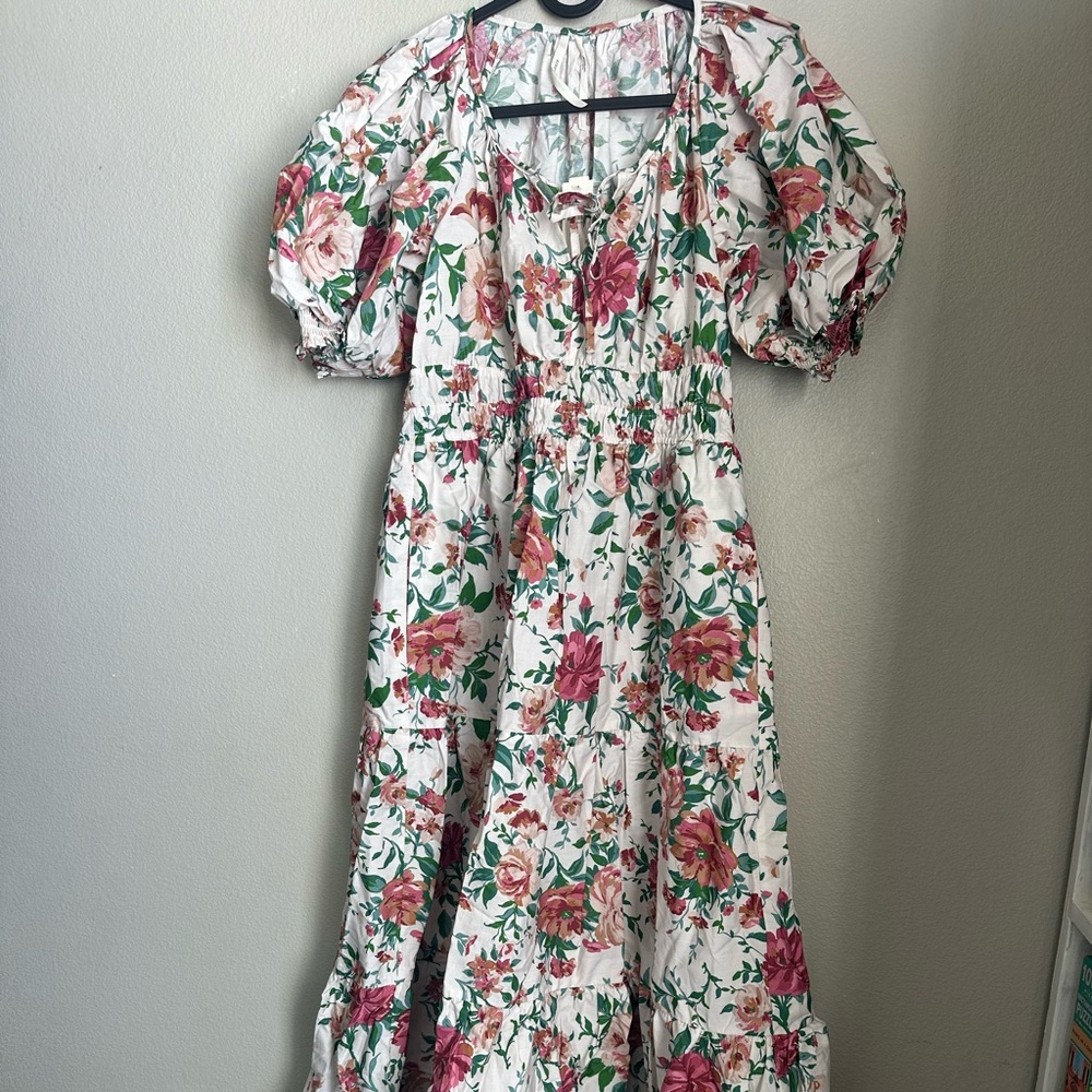 Anthropologie White Floral Puff-Sleeve Maxi Dress